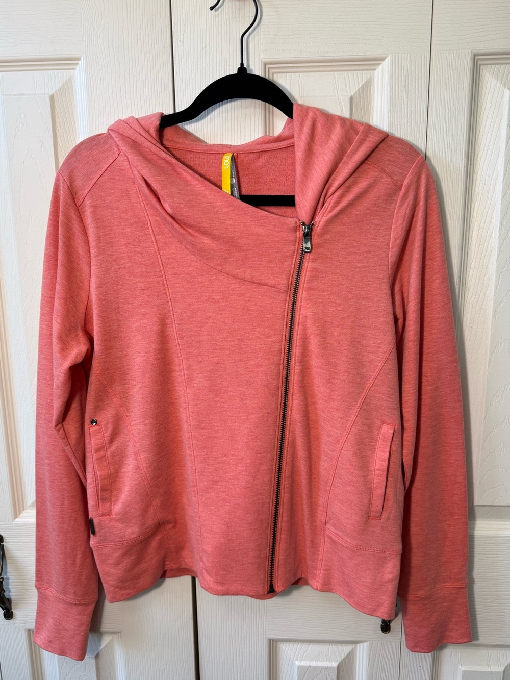 Lole Carey Cardigan Jacket Asymmetrical Hooded Zip Up Womens Size Large Coral